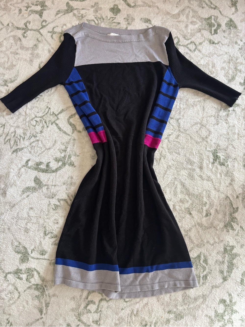 Colorblock Knit Midi Dress in Black with Blue and Pink Accents